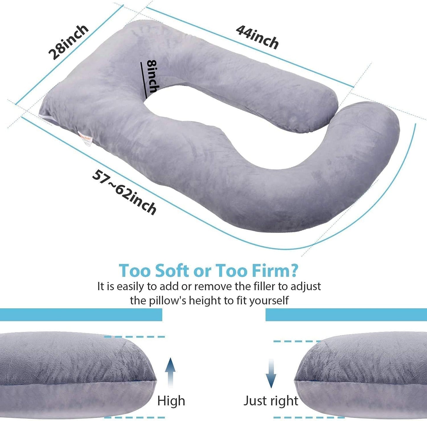 Pregnancy Pillow J-Shaped Full Body Pillow, 59 inch with Velvet Cover Easy to Remove and Wash, Support Pregnant Women's Backs Legs and HIPS, Improve Sleep,Pregnancy Pillow for Women ,Blue Grey