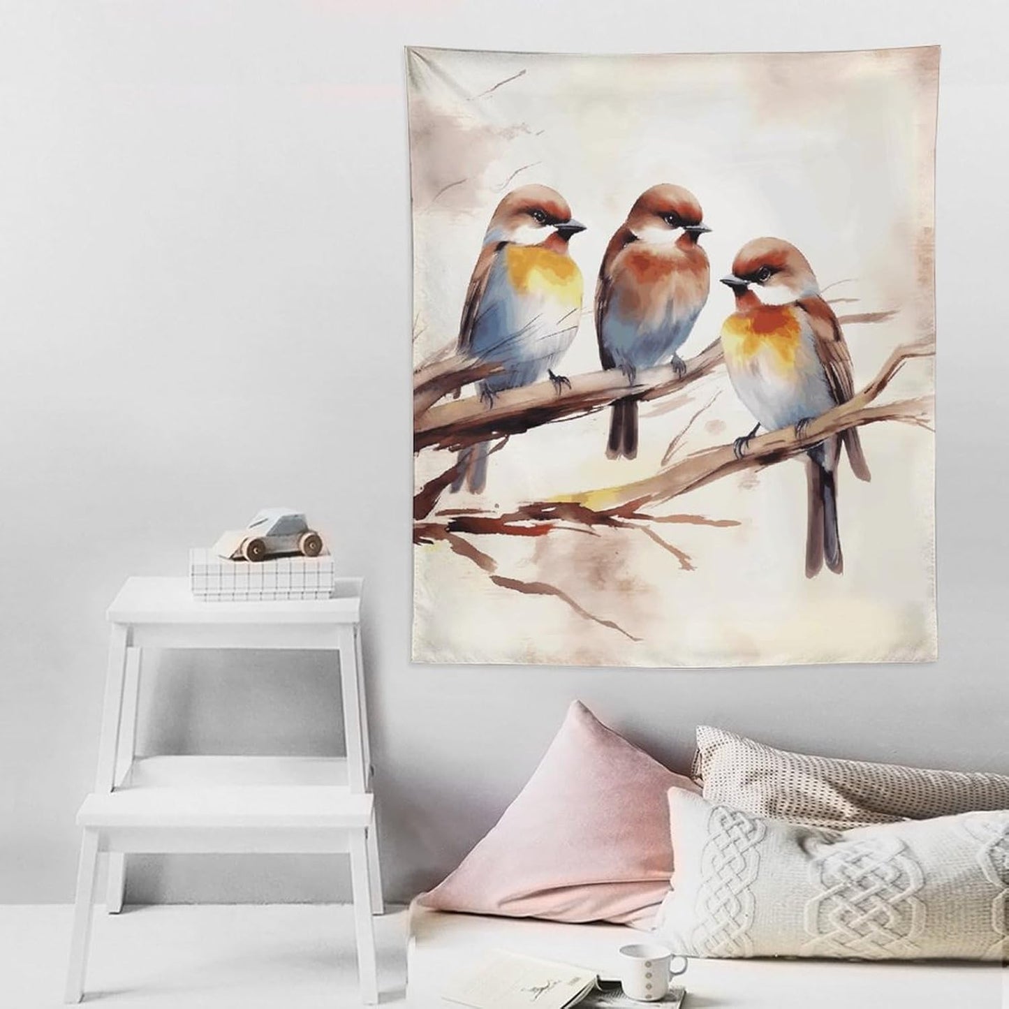 FodPand Birds Resting on Tree Branch Tapestry Anti-fading Wall Tapestry with Installation Kit Backdrop Banner Multipurpose Aesthetic Tapestries Boho Wall Art Hanging Decorative Blanket 50"x60"