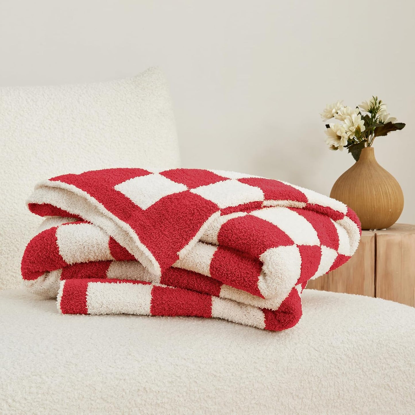 CozeCube Super Soft Fullfy Microfiber Reversible Knitted Blankets, Warm Cozy Fuzzy Plush Throw, Christmas red and White Checkered Throw Blanket for Couch Bed Sofa, 50" x 60"