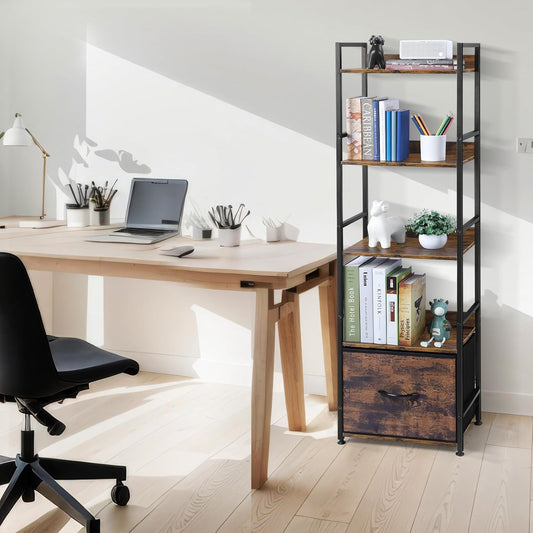 5 Tier Bookshelf with Drawer Wood Metal Rustic Brown,Bookcase with Shelves Tall Narrow, Shelf with Cabinet,Corner Book Shelves Storage Organizer, Display Standing Shelves Unit Bedroom,Living Room