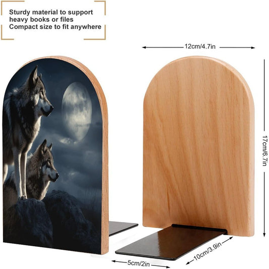 Wolves in The Moonlight Bookend for Shelves Wooden Book End Large Size Sturdy Book Holders Stoppers with Metal Base for Bookshelves Slick Decorative Bookends Stands