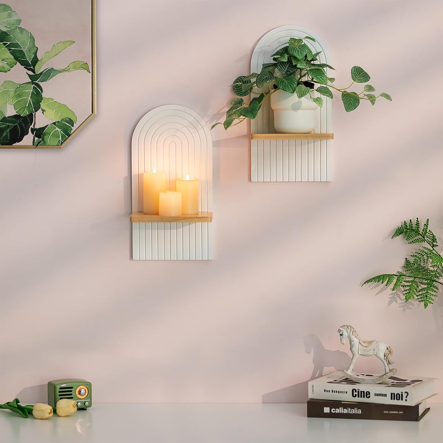 Boho Shelf Wall Decor - Bohemian Floating Shelves for Nursery Bedroom Living Room Mid Century Hanging Shelf Modern Rainbow Wall Candle Holder (White)
