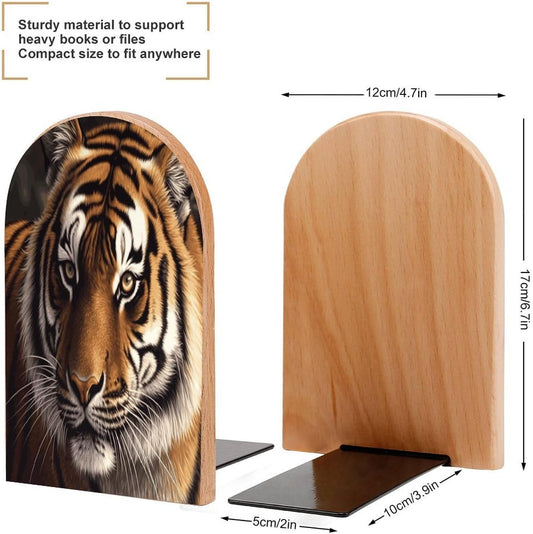 Bengal Tiger Bookend for Shelves Wooden Book End Large Size Sturdy Book Holders Stoppers with Metal Base for Bookshelves Slick Decorative Bookends Stands
