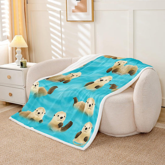 Feelyou Kids Fleece Blanket Cute Cartoon Otter Plush Blanket for Sofa Bed Couch Kawaii Zoo Animal Sherpa Throw Blanket Wildlife Otters Fuzzy Blanket Room Decor Throw 50"x60"