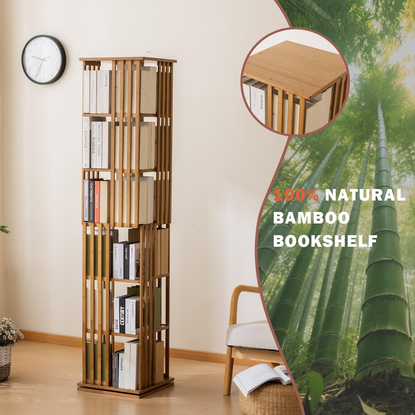 Bamboo Rotating Bookshelf Tower, 360° Spinning Bookcase, 6-Tier Narrow Floor Standing Storage Rack for Corner, Office, Room,Brown