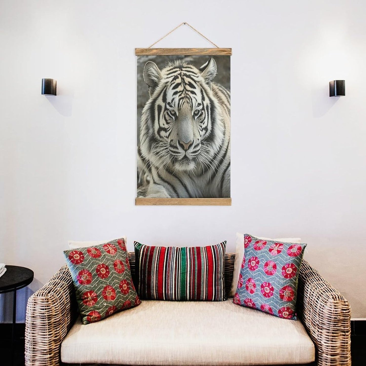 Vintage Black And White Tiger Poster with Wooden Frame Personalized Linen Hanging Scroll Painting Rustic Wall Hanging Illustrative Modern Artwork Decor for Home Living Room Bedroom Office