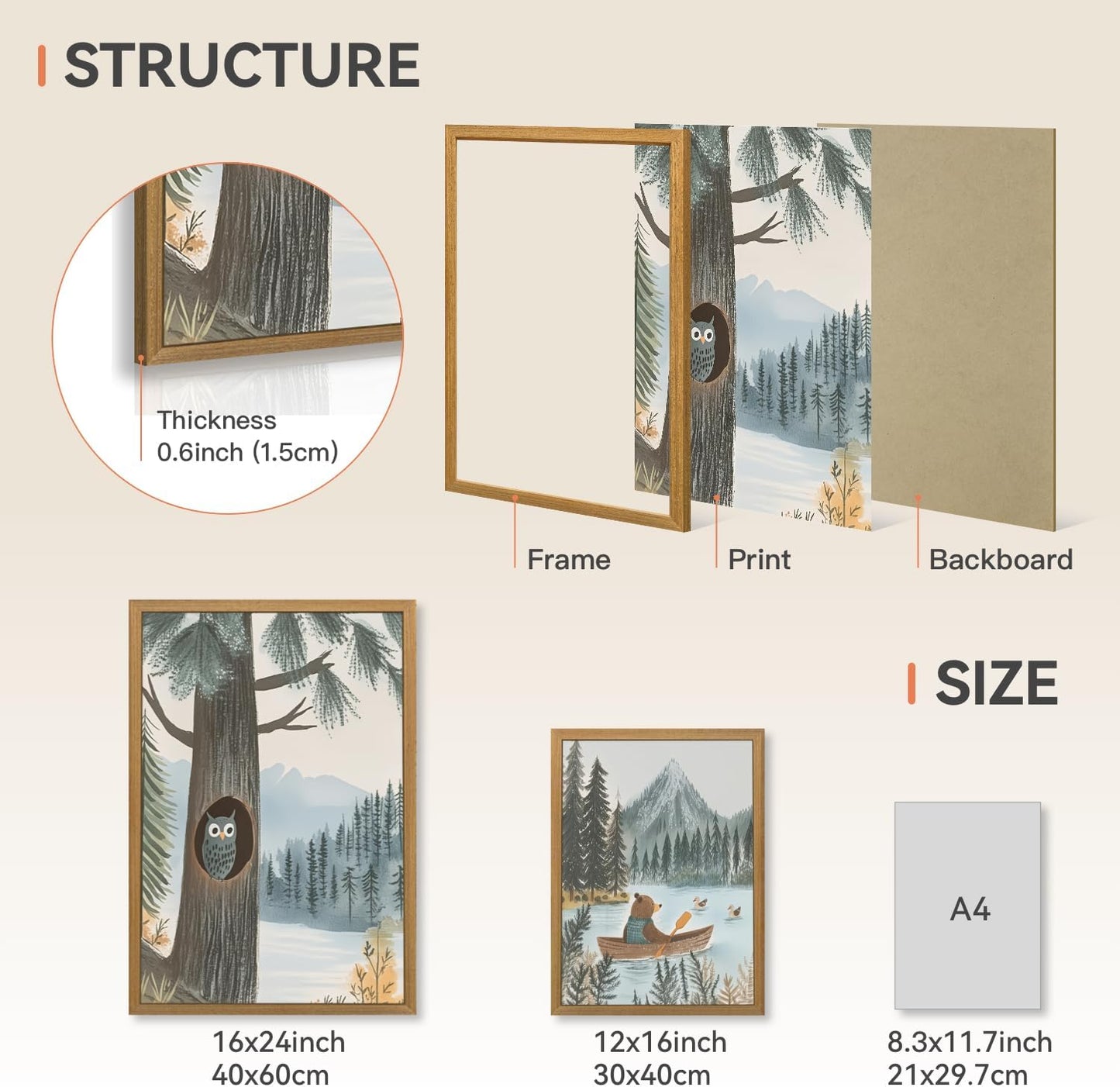 CAZLOUC Wood Framed Woodland Animal Nursery Wall Art Set of 3, Baby Boy Forest Adventure Wall Decor, Bear Owl Squirrel Art Print, Vintage Neutral Mountain Landscape Artwork for Kids Room 16x24 Inch