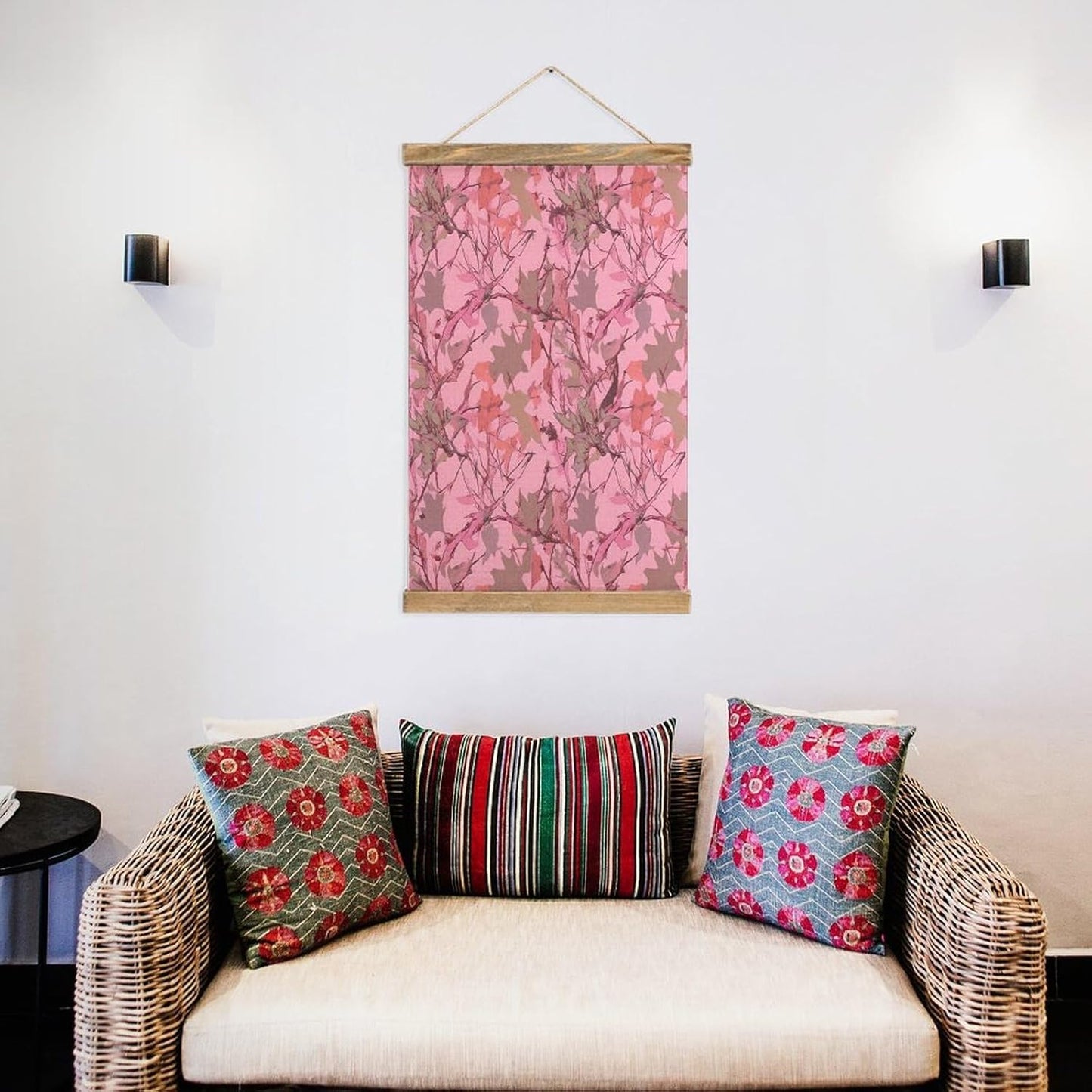 Vintage Pink Leaves Camo Poster with Wooden Frame Personalized Linen Hanging Scroll Painting Rustic Wall Hanging Illustrative Modern Artwork Decor for Home Living Room Bedroom Office