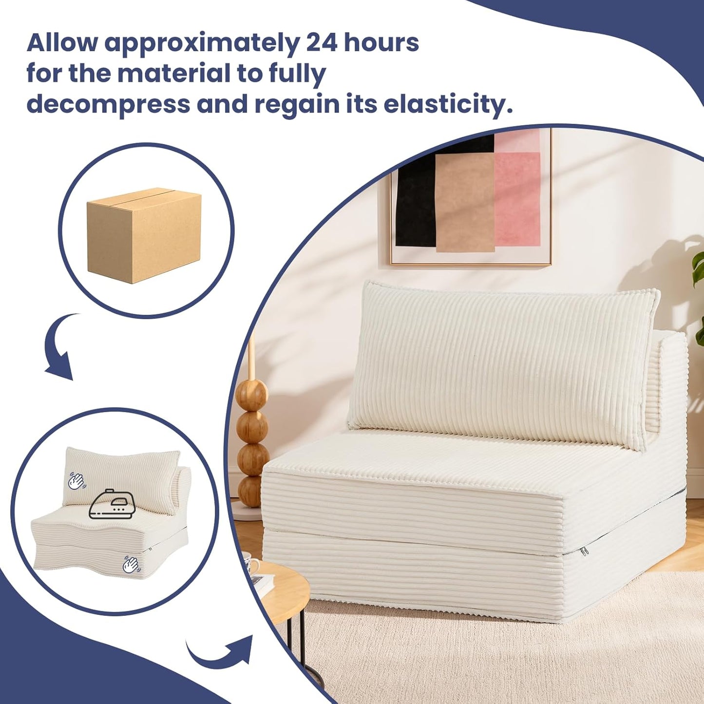 Folding Sofa Bed, Convertible Sleeper Chair with Pillow,Corduroy Comfy Floor Futon for Living Room Bedroom,No Assembly Required,Beige