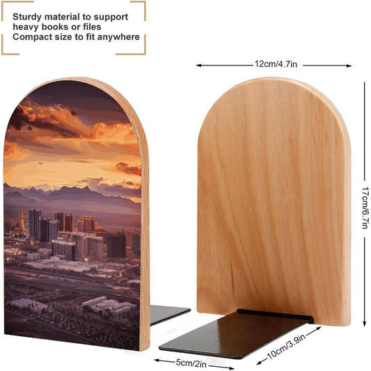 Las Vegas Sunset Bookend for Shelves Wooden Book End Large Size Sturdy Book Holders Stoppers with Metal Base for Bookshelves Slick Decorative Bookends Stands