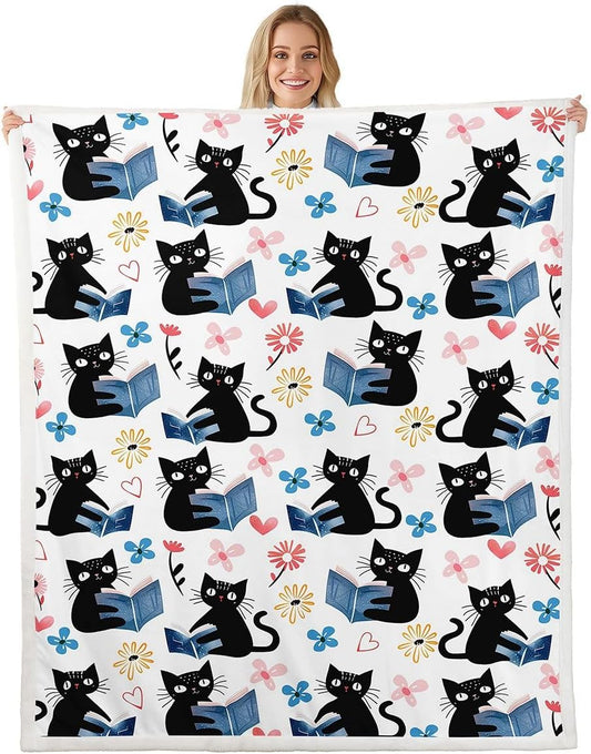 Erosebridal Kawaii Pet Cat Sherpa Blanket Black Kitten Cat Lovers Fuzzy Plush Throw Trendy Preppy Florals Fleece Blanket for Kids Adults Cute Animals Reading Aesthetic Decor for Bed Couch Twin Size