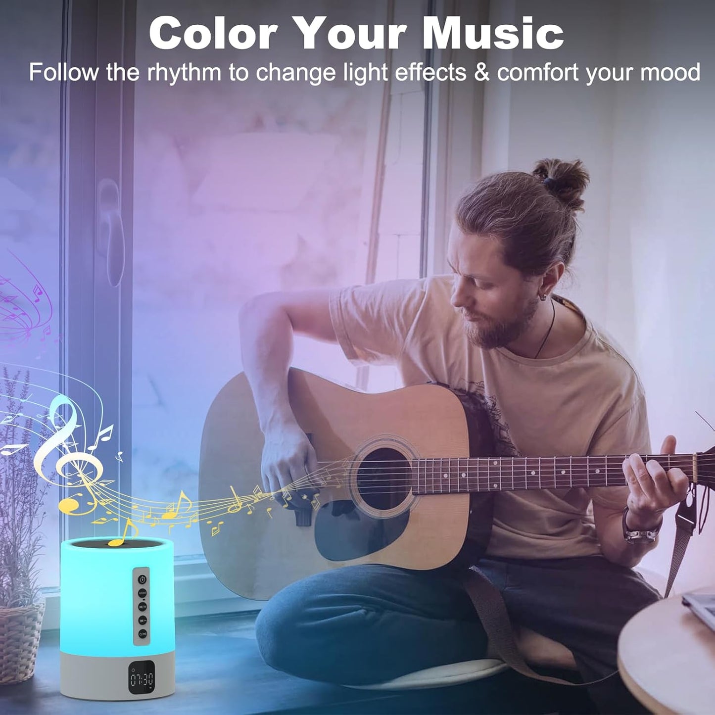 Night Light Bluetooth Speaker Alarm Clock, Sound Machine with White Noise, Touch Bedside Lamp, Dimmable Warm White Light, 48 RGB Color Changing, Ideal Gifts for 10-15 Year Old Teenage Boys Girls