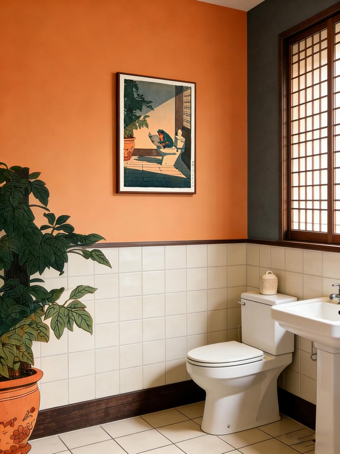 Paivovi Framed Funny Frog Bathroom Wall Art,Cute Japanese Frog in Toilet Wall Decor,Whimsical Green Animal Restroom Poster Canvas Painting Prints Artwork 12x16 inch