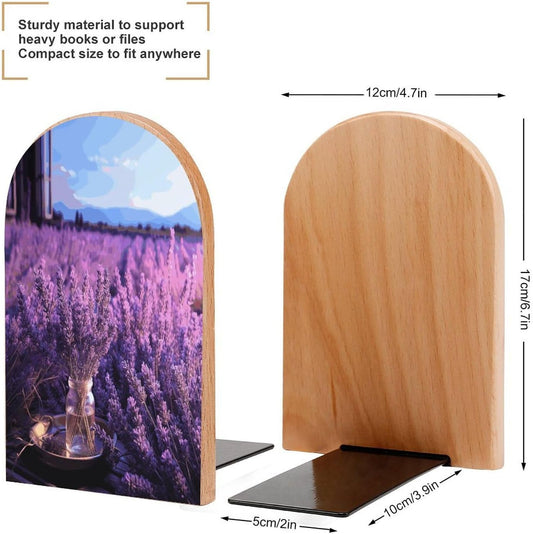 Romantic Lavender Wooden Bookend Non-Slip Book Ends Heavy Duty Book Stopper with Metal Base Books Holderd Decorative Bookends Stands Firmly for Office Supplies