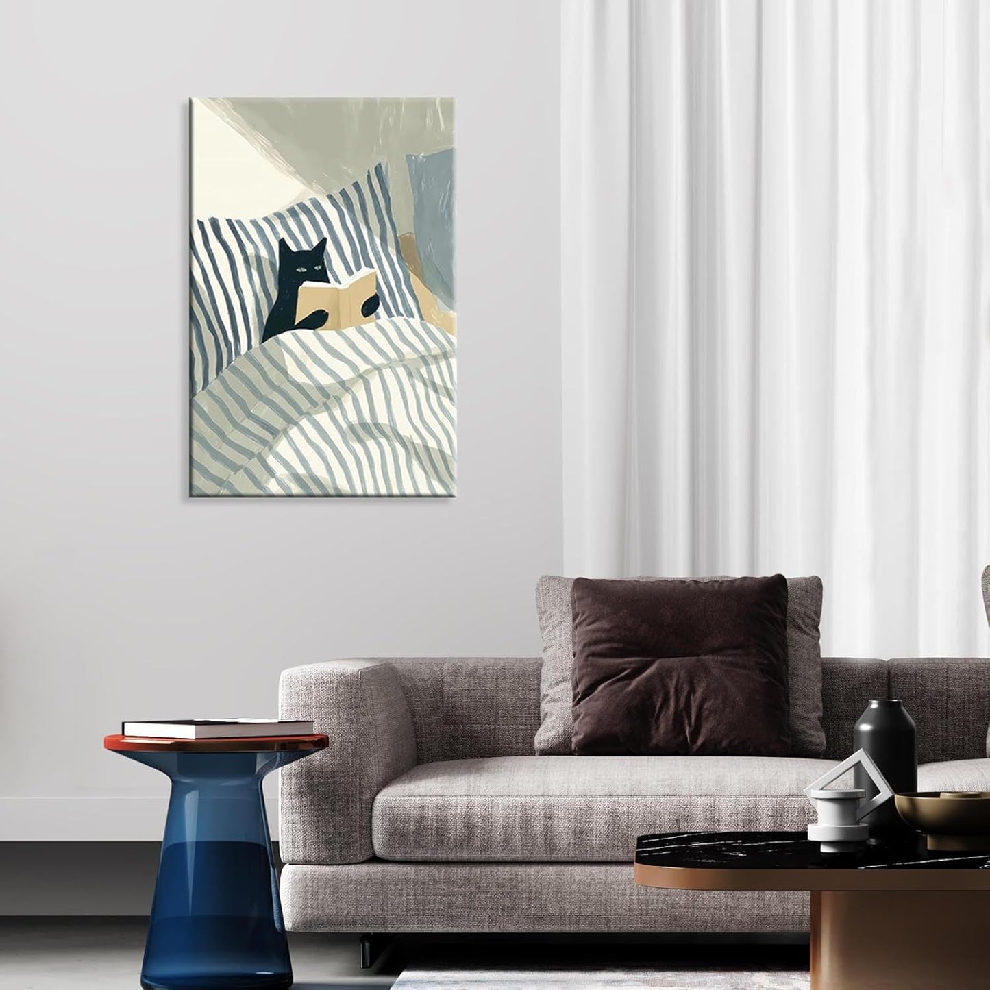 Vintage Black Cat Reading Cat Canvas Wall Art Funny Blue And White Striped Cat In Bed Posters Whimsical Animal Aesthetic Prints Painting For Home Bedroom Dorm Wall Decor 12x16in Unframed