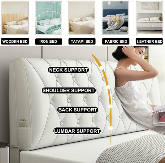 Bedside Cushion Large Bed Backrest Faux Leather Headboard Pillow Lumbar Support Upholstered Reading Pillow Removable Daybed Bunk Bed Bolster,Gray,Straps/59x23x2In