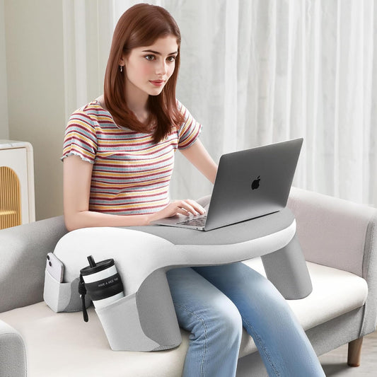 Laptop Lap Desk, Reading Pillow for Bed, Memory Foam Arm Rest Support Gaming Pillow with Cup/Phone Pocket, Laptop Lap Desk for Working, Gaming, Reading on Couch Bed Floor- White