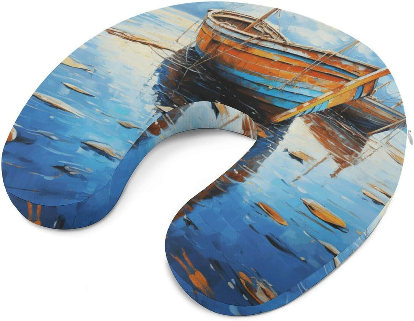 Boats and Sea Oil Paintings Neck Pillow Memory Foam U Shaped Pillows Portable Pillows for Shoulder Travel Head Support Pillow with Concealed Zipper for Airplane Car Home Office