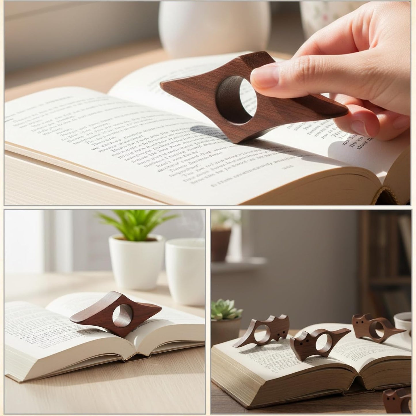 2pc Wooden Book Page Holder, Thumb Book Page Holder, Cat-Shaped Book Holder with Walnut Page Press, Lightweight Design for Reading Comfort