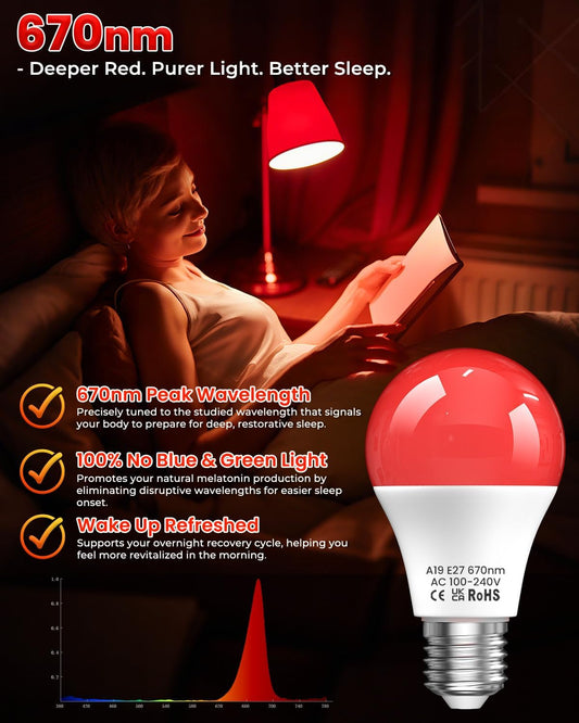 7W 670nm Red Light Bulb for Sleep, 100% Blue Light Blocking Red Night Light Bulbs for Melatonin Promote, A19 E26 50W Equivalent LED Red Bulb for Bedroom Lamp, Baby Nursery, Reading, 2-Pack