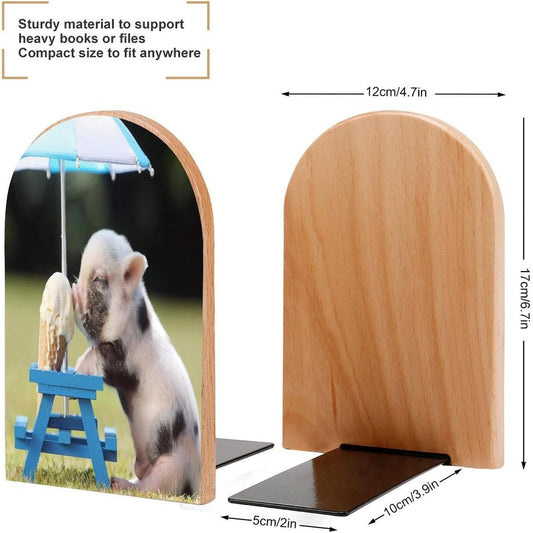 Pigs Eating Ice Cream Wooden Bookend Non-Slip Book Ends Heavy Duty Book Stopper with Metal Base Books Holderd Decorative Bookends Stands Firmly for Office Supplies