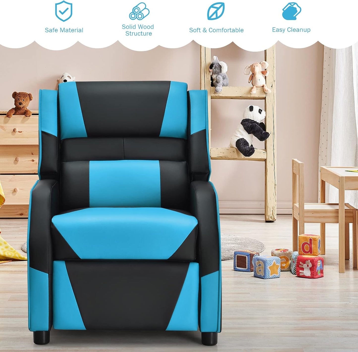 ARLIME Kids Recliner, PU Leather Kid Lounge Chair w/Footrest, Armrest, Headrest & Lumbar Support, Adjustable Gaming Toddler Sofa Armchair for Boys Girls (Blue)
