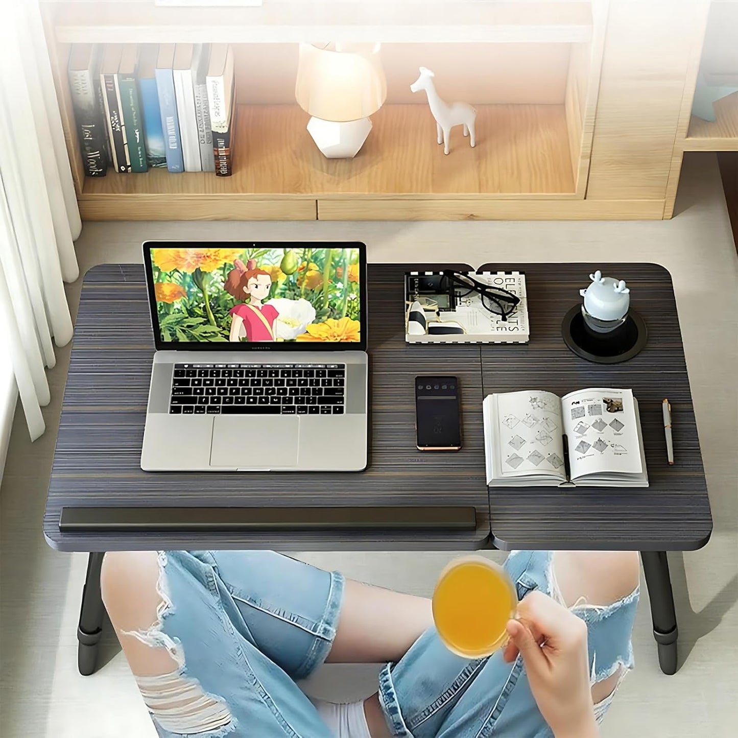 Adjustable Laptop Stand for Bed, Lap Desk, Portable Laptop Table with Cup and Tablet Card Slot, with Baffle Design to Prevent Items from Falling, Suitable for Studying and Working (Black-Upgraded)