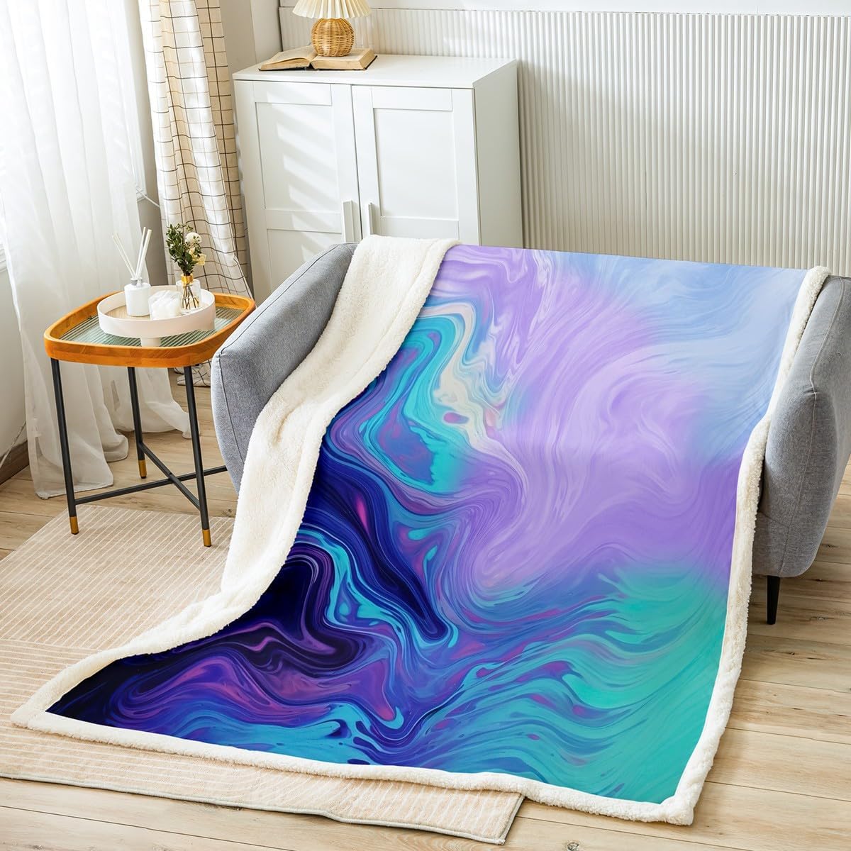 Feelyou Marble Printed Fleece Blanket for Girls Teens Adults Abstract Art Plush Blanket for Sofa Bed Couch Decorative Modern Bright Marble Sherpa Throw Blanket Purple Teal Fuzzy BlanketKing 87"x95"