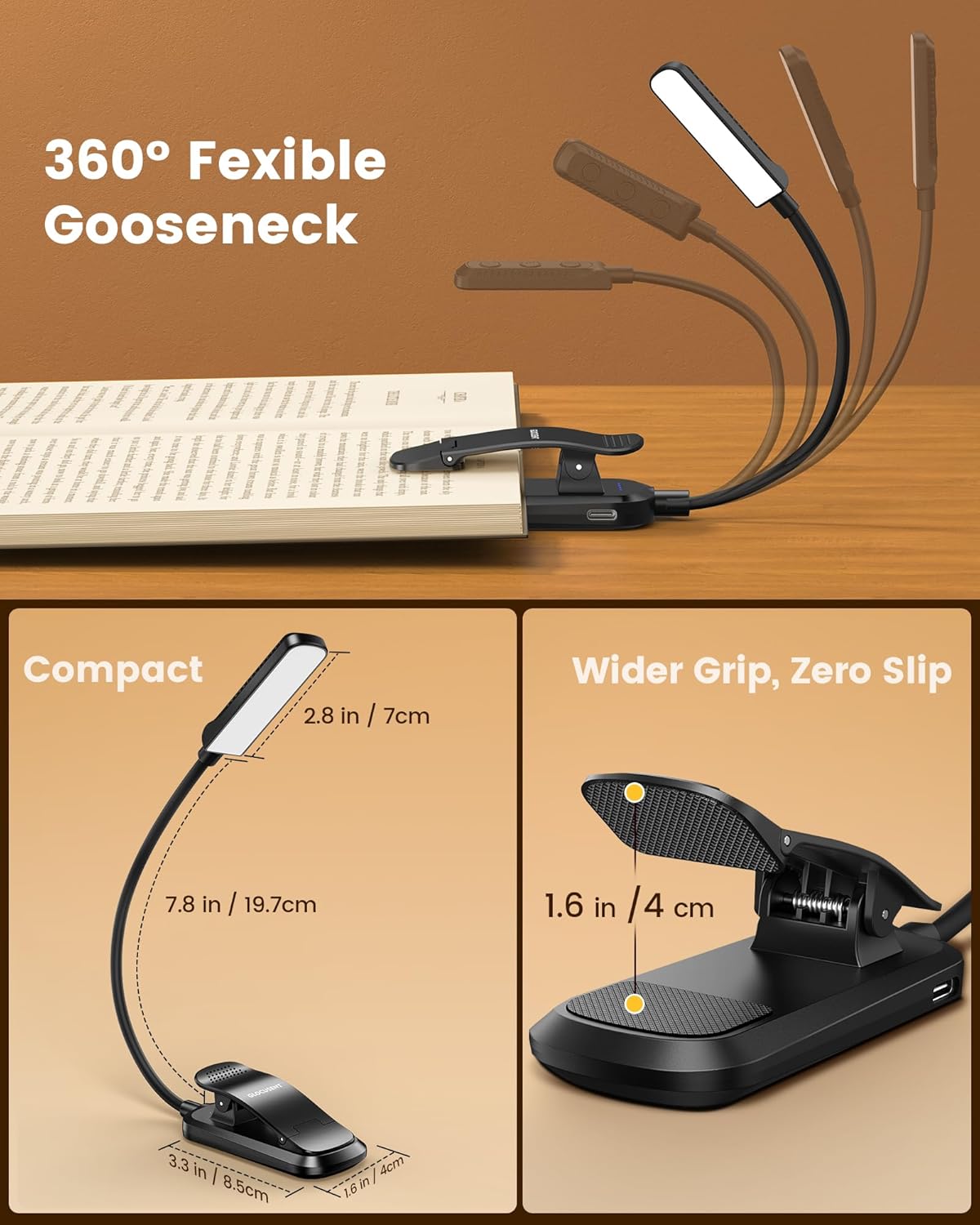 Glocusent 13 LEDs Book Light for Reading at Night, 120 Hrs Runtime Rechargeable Reading Light, Eye Caring 3 Colors & 5 Stepless Dimming Brightness 3–60LM, Book Light Clip On for Book Lovers Kids