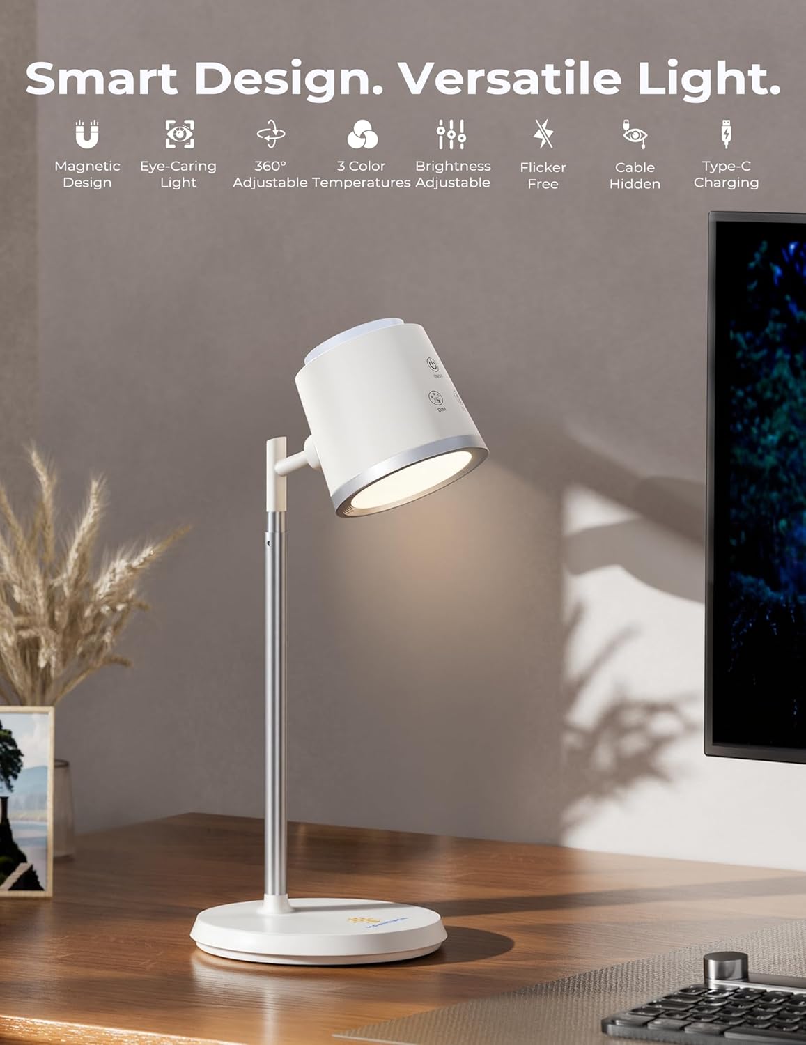 Modular LED Desk Lamp for Home Office, Eye-Caring Table Lamp Dimmable Rechargeable with 360°Adjustable Head, 3 Color Temperatures & Stepless Brightness, Touch Control & Memory, Multi-Scene Use, White