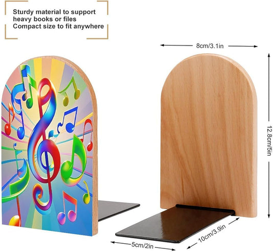 Colorful Music Bookends 1 Pair Heavy Duty Book Ends for Shelves Non-Skid Bookend Supports Wooden Book Holders with Metal Base Desk Organizers Books Storage to Hold Books