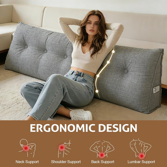 Headboard Pillow Queen, Triangle Wedge Pillow for Bed, Reading & Sitting Support, Backrest Cushion with Removable Cover, Comfortable Daybed Pillow for Bedroom, Dorm, or Sofa – Light Gray Linen Fabric