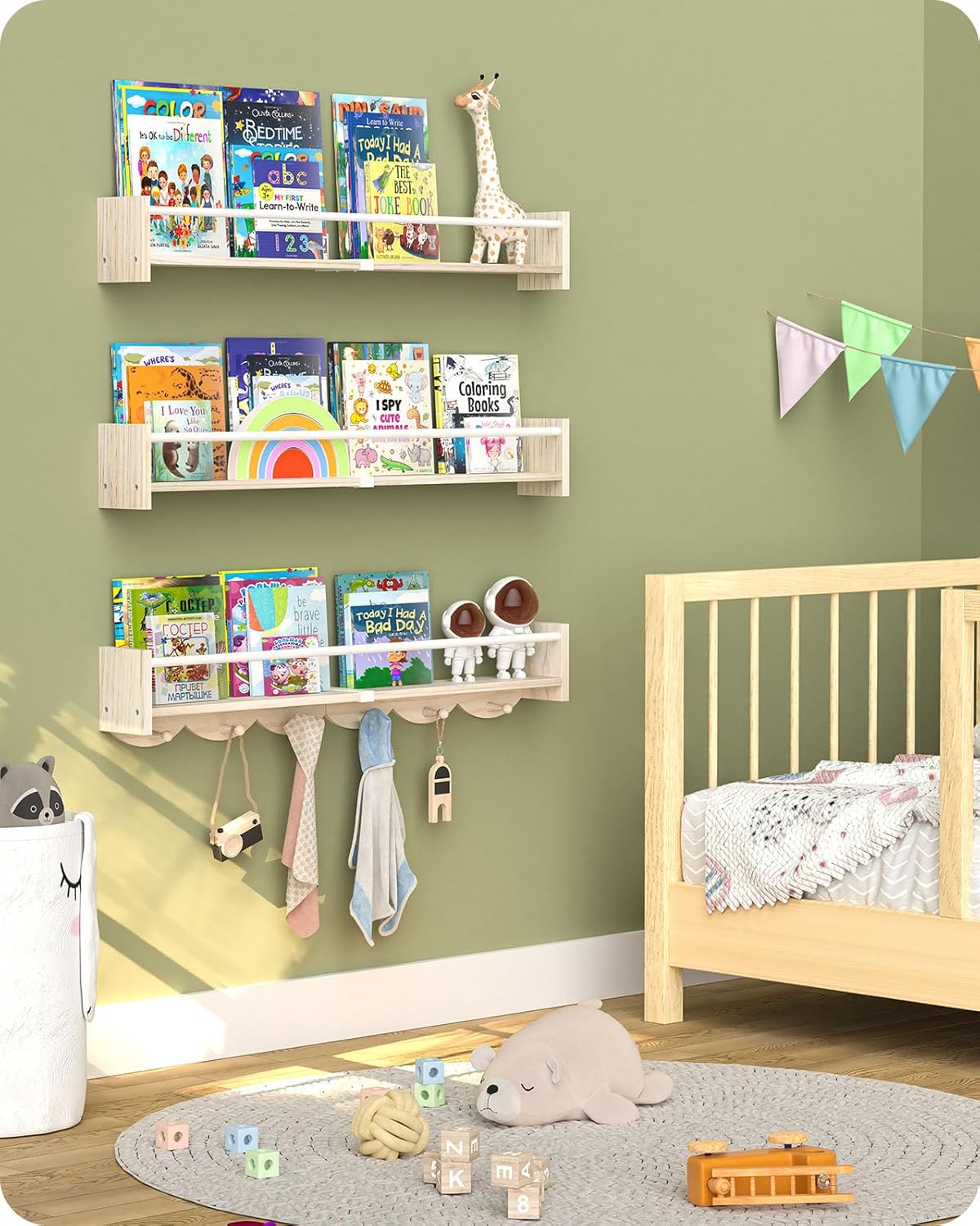 Nursery Book Shelves 34 inchs, Floating Book Shelves for Wall Nursery, Wall Mount Nursery Shelves Set of 3, Perfect for Living Room, Kids Room, Playroom & Bedroom.