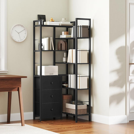 Corner Bookshelf, 7 Tier L-Shaped Bookcase with 3 Drawers, Storage Corner Shelf, Freestanding Tall Display Shelf, Industrial Style, for Living Room, Home Office, Black SJ10BB
