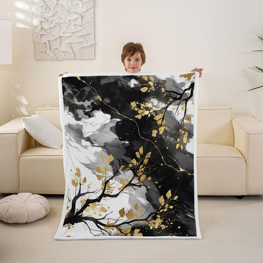 Feelyou Tree of Life Throw Blanket Black Gold Soft Fleece Sherpa Cozy Fuzzy Plush Warm Abstract Fuzzy Plush Throw Marble Twin 60"x80" for Bed Couch Living Room