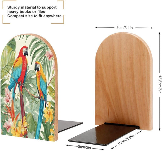 Tropical Plants and Parrots Bookends 1 Pair Heavy Duty Book Ends for Shelves Non-Skid Bookend Supports Wooden Book Holders with Metal Base Desk Organizers Books Storage to Hold Books