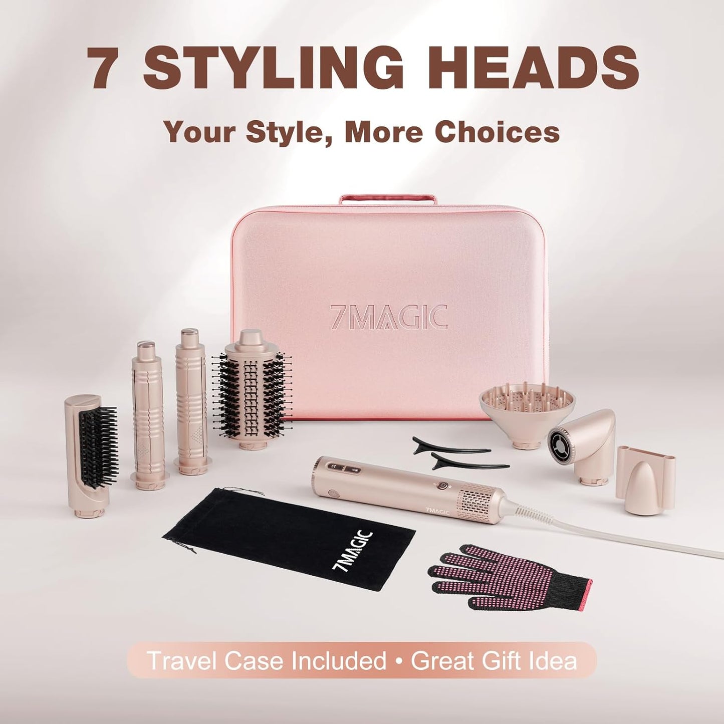 7MAGIC 7 in 1 Hair Styler & Hair Dryer Brush, 110,000 RPM High-Speed Blow Dryer with Negative Ions for Frizz-Free Styling Fast Drying Curling Volumizing Straightening, Hot Air Styler with Travel Case
