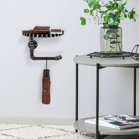 MyGift Industrial Pipe Shelf, Metal Floating Shelf, Wall Mounted Toilet Paper Holder Stand,Hanging Shelf Rack with Steampunk Gear Design