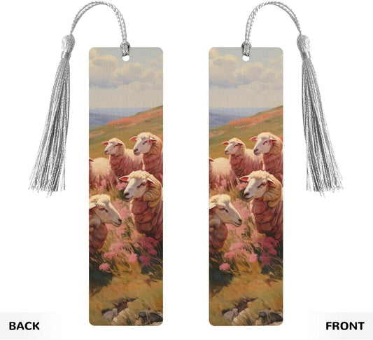Sheep are Grazing Bookmarks Gifts for Women Men, Wooden Bookmarks for Book Lovers, Vintage Book Marks Ornaments with Tassel, Unique Personalized Reading Page Markers Gray
