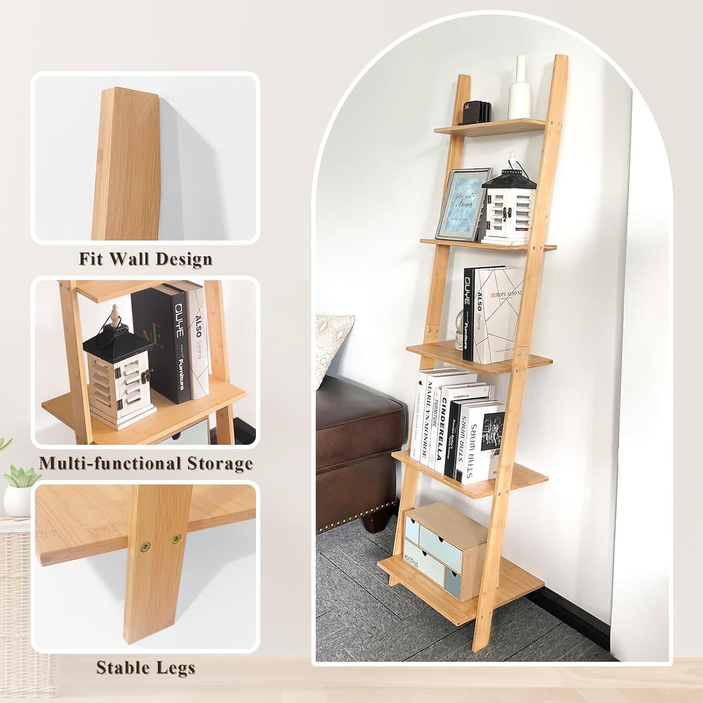 HYNAWIN Wall Leaning Ladder Shelf Bookcase,5-Tier Bamboo Storage Rack Shelvest,FreeStanding Plant Stand, Corner Display Shelves for Living Room, Bathroom, Kitchen, Office(65in)