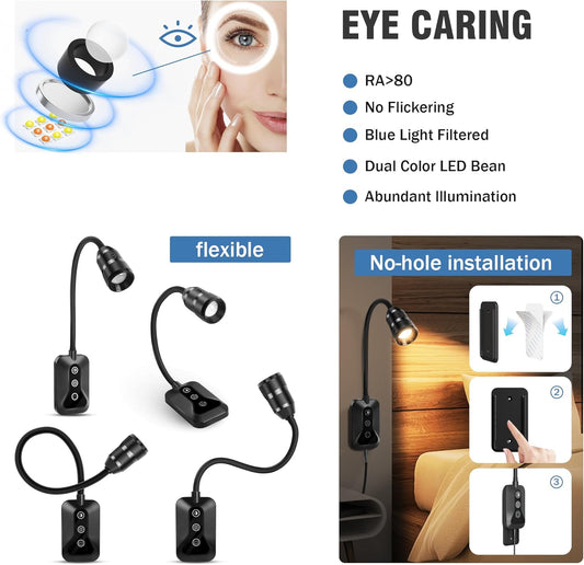 2 Pack Wall Mounted Headboard Reading Light, LED Dimmable Touch Control, Ideal for Bedside, Office, or Reading (Black)