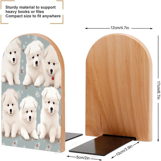 Little White Dogs Pattern Bookend for Shelves Wooden Book End Large Size Sturdy Book Holders Stoppers with Metal Base for Bookshelves Slick Decorative Bookends Stands