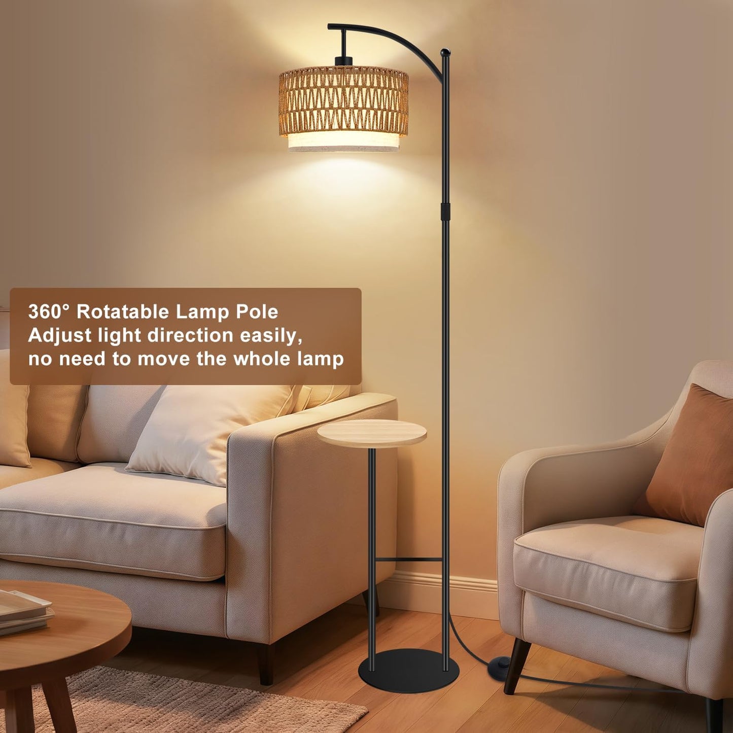 Arc Floor Lamp with Table, Boho Rattan Floor Lamps for Living Room with Remote Dimmable 3 Color Temperature, Wicker Standing Lamp Double Lampshades,Rustic Tall Lamps for Bedroom Office Corner