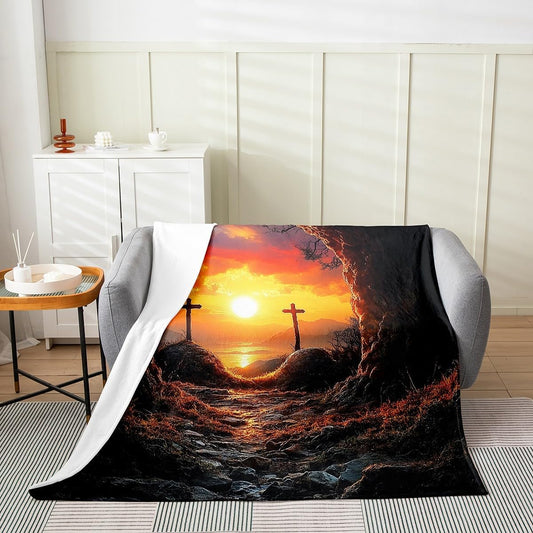 Feelyou Beautiful Scene Plush Throw Blanket Queen 90"x90" Sunset Flannel Fleece Blanket Cave All Season Bed Blanket Mountain Orange