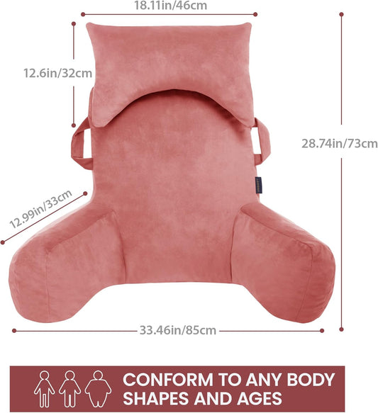 Portable Reading Pillows with Headrest for Bed Sitting Up(Dark Pink Oeko-Tex), Velvet Back Pillow with Arms & Pockets for Adults, Support Memory Foam Bed Pillow for Dorm/Watching/Gaming
