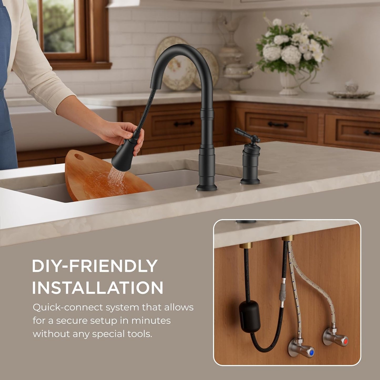 FORIOUS 2 Hole Black Kitchen Faucet with Pull Down Sprayer, Stainless Steel Rustic Kitchen Sink Faucet 3 Spray Modes with Single Seperate Handle, Suitable for Farmhouse Outdoor Camper Rv Bar