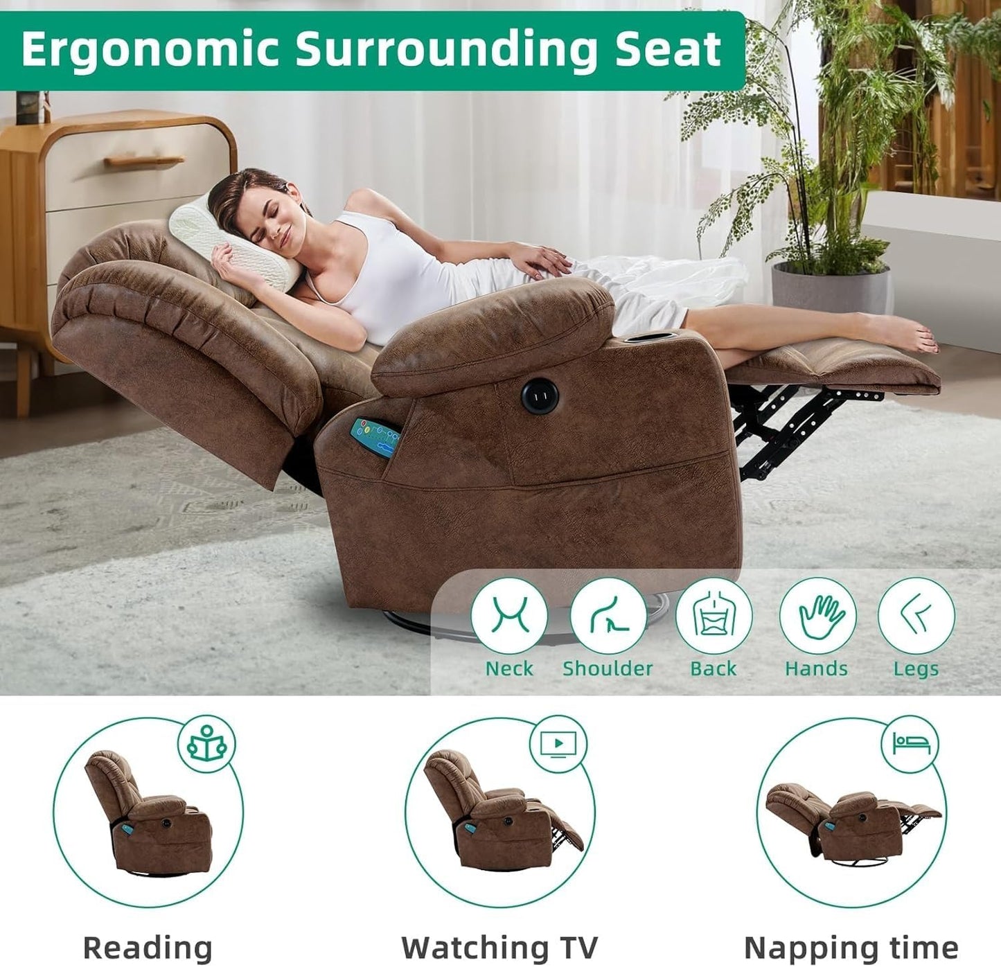 Power Recliner Chair with Heat and Massage, 360 Degree Swivel Rocking Glider Recliner for Living Room, Recliner with 2 Cup Holders, USB Ports & Side Pockets for Adults