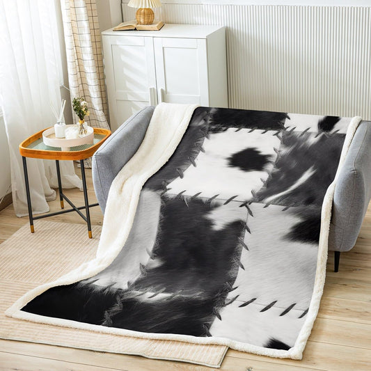 (Not Real) Cowhide Throw Blanket 40"x50", Patchwork Cow Fur Print Sherpa Blanket for Bed Sofa Couch, Farm Animal Soft Lightweight Fleece Blanket, Western Cowboy Farmhouse Flannel Blanket, Grey White