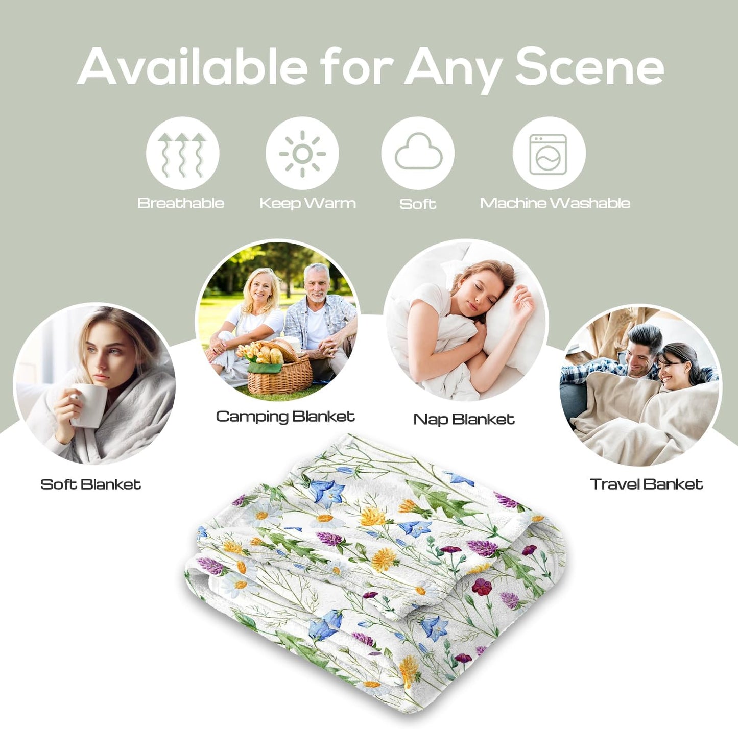 Boho Floral Throw Blanket Botanical Wildflower Butterfly Print Ultra Soft Cozy Flannel Blanket Rustic Home Decor for Couch Sofa Bed, 50x60 Inch