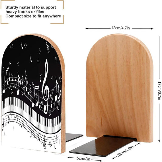 Black White Music Note Wooden Bookend Non-Slip Book Ends Heavy Duty Book Stopper with Metal Base Books Holderd Decorative Bookends Stands Firmly for Office Supplies